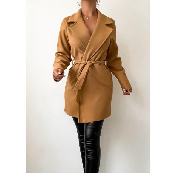 Camel Wool Blend Long Sleeve Belted Coat - Picture 2 of 11